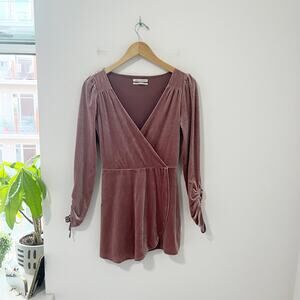 Urban Outfitters Pink Crushed Velvet Faux Wrap Long Sleeve Dress Size Small